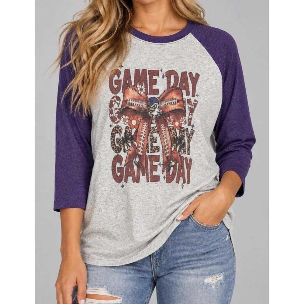 Chickasha Fightin’ Chicks Football Game Day Raglan Tee Gray & Purple 3/4 Sleeve